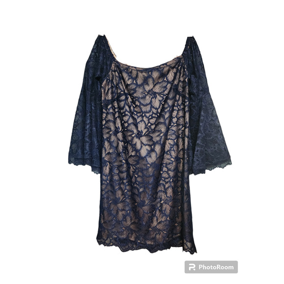 Trina Turk Navy Akamai Lanai Floral Lace off the shoulder dress 2 - Picture 2 of 5